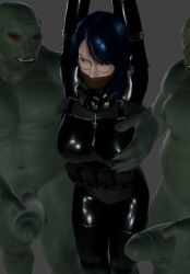 1girls 3d ankles_tied arms_above_head black_bodysuit blender blender_eevee blue_eyes blue_hair bodysuit bondage bound captured choker cross_earrings cross_necklace gag gagged glasses grace_(osimai) groping huge_breasts huge_cock kidnapped looking_at_viewer male necklace nervous orc original_character osimai over_the_mouth_gag penis restrained tied tied_wrists wrists_tied