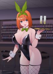 :d alternate_breast_size alternate_costume animal_ears bar_(place) black_leotard blue_eyes bottle bow bowtie breasts cleavage crotch_zipper cup detached_collar female fishnet_thighhighs fishnets go-toubun_no_hanayome green_bow green_bowtie green_ribbons hair_between_eyes hair_ribbon highleg highleg_leotard highres holding holding_tray huge_breasts indoors kosmos_beta leotard looking_at_viewer nakano_yotsuba open_mouth orange_hair playboy_bunny ribbon smile solo thighhighs tray white_wrist_cuffs wing_collar wrist_cuffs zipper