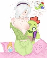 1boy 1girls blush boots brawl_stars breasts colette_(brawl_stars) crazy_girl duo fantasizing female hand_in_pants heart kissing male smile smiling spike_(brawl_stars) supercell white_hair zaruyou