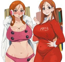 bleach breasts brown_eyes brown_hair cleavage female glasses highres inoue_orihime large_breasts long_hair multiple_views panties red_head shirt short_sleeves simple_background skirt white_background white_bikini whoopsatro