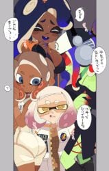 4girls acht_(splatoon) agent_8_(side_order) agent_8_(splatoon) crowded dedf1sh elevator kiirono marina_(side_order) marina_(splatoon) pearl_(side_order) pearl_(splatoon) speech_bubble splatoon splatoon_3 splatoon_3:_side_order tinted_eyewear translation_request yuri