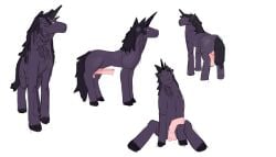 2024 absurd_res animal_genitalia animal_penis ass balls black_body black_hair equid equine equine_genitalia equine_penis feral fur genitals hair hecreat hi_res hooves horn horse looking_at_viewer magic male mammal nick_(hecreat) penis perineum pony purple_body purple_eyes purple_fur smile solo