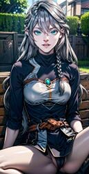 ai_generated braided_hair braids elf green_eyes looking_at_viewer pussy skin tbate tessia_eralith thighs white_hair