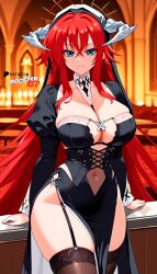 ai_generated blue_eyes boosterred99 garter_straps high_school_dxd large_breasts legs long_hair long_sleeves navel nun nun_habit nun_hat nun_outfit perfect_body pony_diffusion_xl red_hair rias_gremory seductive_smile stockings thick_thighs thighhighs voluptuous