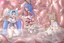 blue_hair blush breasts brown_hair clothing cum cum_on_body cum_on_breasts cum_on_chest digestion dissolving_clothes facial green_eyes medium_breasts nipples no_bra open_clothes open_shirt panties red_eyes shirt slime small_breasts tanabe tentacle tentacle_pit vore