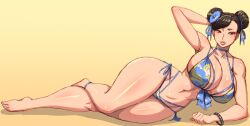 1girls artist_request ass big_breasts bikini blue_bikini breasts chun-li female female_only human laying_on_side mature_female milf solo source_request street_fighter thick_ass thick_thighs
