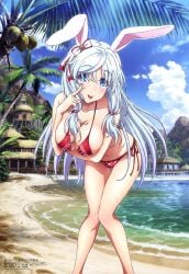 arifureta_shokugyou_de_sekai_saikyou bare_arms bare_belly bare_legs bare_shoulders bare_thighs beach belly_button big_breasts bikini blue_eyes blue_hair blush breast_hold breasts bunny_ears cleavage long_hair megami_magazine official_art shea_haulia shiny_skin smile thighs tongue tongue_out