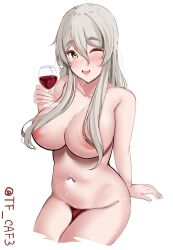 alcohol areola_slip blush breasts brown_eyes covered_nipples covered_pussy drunk female female_only grey_hair high_resolution highres kantai_collection large_breasts long_hair looking_at_viewer navel nude one_eye_closed open_mouth pola_(kantai_collection) sitting smile solo tf_cafe twitter_username wavy_hair white_background wine