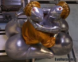 2girls 3d 3d_(artwork) android atomic_heart big_ass blonde_hair bottomless breasts bubble_butt evolluisionist huge_ass hugging looking_at_viewer metallic_body no_face robot_girl robot_humanoid squatting the_twins_(atomic_heart) thick_thighs touching_ass wide_hips