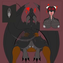 anthro ass balls big_breasts big_butt black_body breasts brown_body dragon duo elzorrogomita female foxgumie genitals heart_symbol hi_res horn male male/female mythological_creature mythological_scalie mythology penetration pussy red_eyes scalie tongue tongue_out wings