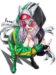 1girls baron_(artist) big_breasts cleavage fuuto_pi kamen_rider kamen_rider_w long_hair looking_at_viewer looking_over_eyewear looking_over_glasses looking_over_sunglasses peace_sign red-tinted_eyewear sunglasses tinted_eyewear tokime varon666