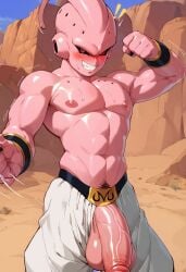 abs ai_generated balls bara big_balls big_penis blush dragon_ball dragon_ball_z gay horny ilovementits kid_buu majin_buu male male_only muscular muscular_male nipples pecs penis penis_slip pink_body pink_eyes pink_skin pubic_hair surprised yaoi