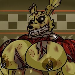 animatronic big_arms big_male big_nipples big_pecs bites black_eyes blood bust day74art five_nights_at_freddy's fnaf gay male male_only mantits muscle muscles nipple_piercing rabbit robot smile solo solo_male springtrap springtrap_(fnaf) strong_male yellow_fur