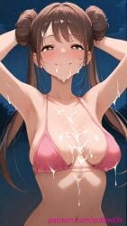 ai_generated armpits arms_behind_head arms_up bangs bikini blush breasts bright_pupils brown_eyes brown_hair bukkake cleavage closed_mouth collarbone cum cum_on_body cum_on_breasts double_bun facial female hair_bun heart-shaped_pupils large_breasts long_hair looking_at_viewer medium_breasts navel night night_sky outdoors pink_bikini rosa_(pokemon) sky smile sofaxd3x solo starry_sky stomach swimsuit symbol-shaped_pupils twintails upper_body