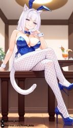 ai_generated animal_ear_fluff animal_ears animal_tail blue_bunnysuit blue_eyes blue_nails blush bunny_ears bunnysuit cat_ears cat_tail catgirl cleavage collar covered_nipples crossed_legs fishnets gumi_arts high_heels large_breasts long_hair looking_at_viewer looking_down nails naughty_face nekopara platform_heels sitting smirk stable_diffusion thick_thighs twintails vanilla_(nekopara) very_long_hair white_hair