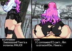 all_the_way_to_the_base anus anus_peek baldur_89 balls_deep big_ass commander_(nikke) dialogue goddess_of_victory:_nikke instant_loss_2koma pink_hair pixel_art pov reverse_cowgirl_position ribbon shortstack veiny_penis yuni_(nikke)