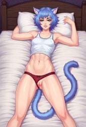 ai_generated animal_ears arms_up bed blue_hair catgirl lying_on_back lying_on_bed maply_(kingdom_of_deception) panties_aside red_panties smile solo tanktop