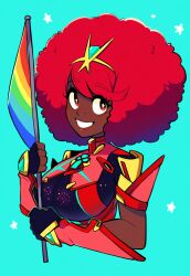 afro ai_generated alternate_hairstyle alternate_skin_color curly_hair dark-skinned_female female grin holding_flag lgbt_pride looking_at_viewer pyra pyra_(xenoblade) race_swap rainbow_flag rainbow_order rainbow_print red_hair robofun simple_background smile solo star_(symbol) thick_lips tiara upper_body very_dark_skin xenoblade_chronicles_2