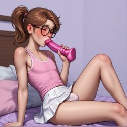 1boy 1femboy ai_generated blush blush brown_eyes brown_hair bulge bushy_eyebrows closed_eyes cute cute_clothing dildo dildo_in_mouth emily_(lpyxel) femboy flat_chest flat_chested freckles freckles_on_face girly glasses highres lpyxel miniskirt on_bed original original_character panties_bulge pleated_skirt ponytail round_glasses self_upload side_view sissy skirt small_penis sucking sucking_dildo tank_top thick_eyebrows