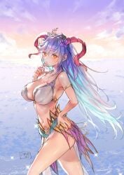 1girls alternate_costume armpits bikini breasts cleavage curled_horns female female_only fire_emblem fire_emblem_heroes flower freyja_(fire_emblem) freyja_(summer)_(fire_emblem) goat_horns gold_armlet horns large_breasts looking_at_viewer nintendo ocean official_alternate_costume outdoors pelvic_curtain red_horns solo swimsuit t_misaomaru white_bikini white_swimsuit