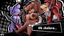 3d 3d_(artwork) 4girls animatronic anthro areola avian bear big_breasts bird blue_eyes bonfie bonnie_(cally3d) bonnie_(fnaf) bow_tie breasts canid canine chica_(cally3d) chica_(fnaf) chicken chiku clothing dialogue difinex drum electronics female female_only fexa five_nights_at_freddy's fox foxy_(cally3d) foxy_(fnaf) freddy_(fnaf) fredina's_nightclub fredina_(cally3d) frenni_fazclaire galliform gallus_(genus) genitals group guitar hat headgear headwear hi_res holding_microphone holding_object lagomorph leporid machine mammal meme microphone mostly_nude musical_instrument nipples one_eye_obstructed percussion_instrument phasianid pink_eyes plucked_string_instrument polish_text pussy rabbit robot scottgames string_instrument tail thick_thighs top_hat