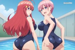 2girls ai_generated ass ass_focus ass_grab big_breasts blesseddo blue_eyes breasts female go-toubun_no_hanayome long_hair looking_at_viewer looking_back nakano_ichika nakano_itsuki one-piece_swimsuit pink_hair red_hair short_hair swimming_pool swimsuit