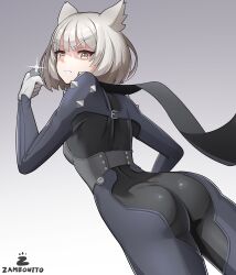 ass ass_focus cat_ears catgirl clothing gold_eyes grey_hair human makoto_niijima_(cosplay) mio_(xenoblade) pale_skin persona persona_5 phantom_thief_suit xenoblade_(series) xenoblade_chronicles_3 zambonito