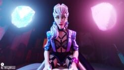 1boy 1girls 3d 3d_(artwork) 3d_animation animated bhigbhee claws earrings evelynn female garter_belt jacket k/da_all_out_evelynn k/da_all_out_series league_of_legends makeup male penis sex stockings tagme video watermark white_hair yellow_eyes