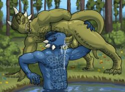 abs anthro argonian ass balls bethesda_game_studios biceps big_balls blue_body blue_eyes blue_scales bodily_fluids butt_grab cum cum_in_mouth cum_inside cum_on_face cum_string duo ejaculation erection fellatio forest genital_fluids genitals glistening glistening_balls glistening_body glistening_genitalia glistening_penis hand_on_butt horn humanoid_genitalia humanoid_penis looking_pleasured male male/male microsoft muscular muscular_anthro muscular_male nature nature_background nude oral oral_penetration orgasm orgasm_face outside pecs penetration penile penis plant reptile scales scalie sex shen_(archshen) spikes tail tall_lizzard_(artist) the_elder_scrolls tree tristen vein veiny_penis wet