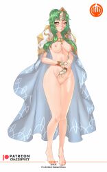 1girls alternate_costume bare_arms bare_legs barefoot breasts cape censored crazzeffect elincia_ridell_crimea elincia_ridell_crimea_(undaunted_queen) female female_only fire_emblem fire_emblem:_path_of_radiance fire_emblem:_radiant_dawn fire_emblem_heroes full_body green_hair legs long_hair looking_at_viewer medium_breasts naked_cape nintendo nude nude_female official_alternate_costume pussy shoulder_pads sidelocks solo white_background yellow_eyes