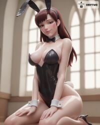 1girls 3d ai_generated black_bowtie black_footwear black_leotard bowtie brown_eyes brown_hair bunny_ears bunny_girl bunnysuit d.va detached_collar detached_cuffs facing_viewer fake_animal_ears female heels leotard looking_at_viewer medium_breasts nipple_slip overwatch overwatch_2 playboy_bunny rabbit_ears sitting smile solo strapless_leotard vbytwo