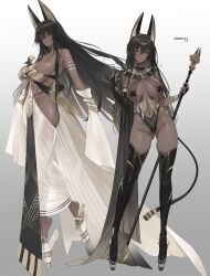 1girls absurdres animal_ears bare_shoulders black_footwear black_hair boots breasts bridal_gauntlets character_name cleavage crossed_bangs dark-skinned_female dark_skin detached_sleeves dishwasher1910 egyptian female full_body hair_between_eyes hands_up highres holding jackal_ears jewelry large_breasts long_hair looking_at_viewer monster_girl multiple_views navel original pasties sibuna_(biya_(1024)) standing tape tape_on_nipples thigh_boots thighs usekh_collar very_dark_skin yellow_eyes zoom_layer