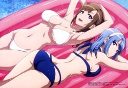 armpits arms_behind_head ass back bare_arms bare_back bare_belly bare_legs bare_shoulders bare_thighs belly_button big_breasts bikini blue_bikini blue_eyes blue_hair breast_press breasts brown_hair cleavage do_you_love_your_mom_and_her_two-hit_multi-target_attacks? groin hairband inflatable_raft mature_female medhi medium_breasts megami_magazine milf mouth_closed official_art oosuki_mamako open_mouth purple_eyes shiny_skin short_hair sideboob smile strap_gap swimming_pool thighs tsuujou_kougeki_ga_zentai_kougeki_de_ni-kai_kougeki_no_okaasan_wa_suki_desu_ka? underboob water wet_body white_bikini