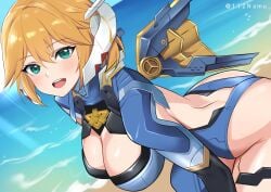 1girls android android_girl ass ass beach bent_over blonde_hair breasts bubble_butt busty cleavage curvy cyborg female female_only fiora_(xenoblade) green_eyes highres large_ass large_breasts looking_at_viewer monolith_soft namu_(112namu) nintendo short_hair swimsuit thick_ass thick_thighs thighs voluptuous wide_hips xenoblade_(series) xenoblade_chronicles