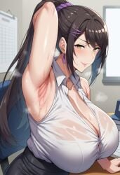 ai_generated aijuicer armpit_fetish armpits black_hair chabashira_sae classroom_of_the_elite earrings gigantic_breasts huge_breasts light-skinned_female light_skin looking_at_viewer massive_breasts mature_female milf ponytail seductive_eyes seductive_smile solo_female teacher very_long_hair yellow_eyes youkoso_jitsuryoku_shijou_shugi_no_kyoushitsu_e