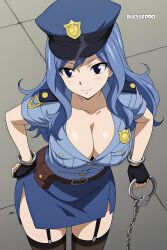 1girls ai_generated blesseddo blue_eyes blue_hair boob_window breasts cleavage fairy_tail garter_straps juvia_lockser long_hair police_uniform solo thighhighs thighs