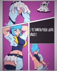 1girls blush brawl_stars breasts draco_(brawl_stars) janet_(brawl_stars) lifted_shirt long_hair nipples popstar_janet pussy sky_blue_hair socks spanish_text supercell tagme text thighs