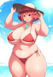 aged_up ai_generated bikini chest_jewel chubby core_crystal_(xenoblade) eyebrows_visible_through_hair fat fat_rolls female lips love_handles mature_female milf muffin_top plump pyra pyra_(xenoblade) red_eyes red_hair red_lips robofun shiny_skin smile sun_hat thick thick_arms thick_eyebrows thick_lips xenoblade_chronicles_2