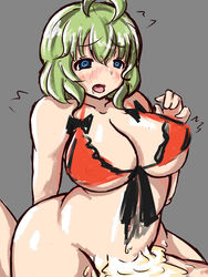 1boy ahoge blue_eyes bra breasts cowgirl_position cum cum_pool curvy female green_hair highres large_breasts maboroshi_kirin navel open_mouth red_bra see-through sex short_hair simple_background sketch tongue