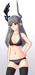 1girls 2018 :< black_bra black_pantyhose black_sclera bra breasts closed_mouth demon demon_girl demon_horns earrings frown funamusea grey_hair horns kurotsuno long_hair looking_at_viewer obsolete_dream pointy_ears small_breasts solo standing uprightblue yellow_eyes