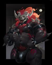 bone demon digital_drawing_(artwork) digital_media_(artwork) hi_res male muscular muscular_male navel nipples pubes red_eyes skull skull_head solo tail tongue tongue_out unknown_artist