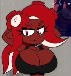 annoyed big_breasts black_clothing jaktroose octoling octoling_girl red_eyes splatoon splatoon_(series) splatoon_2