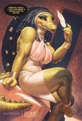 1girls 2024 ammit ammit_(moon_knight) anthro barefoot big_breasts bodily_fluids breasts crocodile crocodilian crocodylid deity dialogue egyptian_god egyptian_mythology english_text feathers feet female goddess huge_breasts looking_at_viewer marvel marvel_cinematic_universe middle_eastern_mythology monster monster_girl moon_knight_(series) mythology navel nightmare_waifu pixelsketcher public_domain reptile scalie sitting smile smiling_at_viewer solo sweat talking_to_viewer text