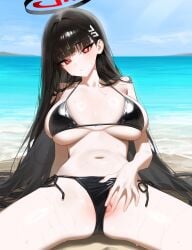 1female 1girls ai_generated bangs beach big_breasts bikini bikini_bottom bikini_top black_bikini black_bikini_bottom black_bikini_top black_hair black_hair_female blue_archive breasts commentary_request english_commentary female female_only halo hi_res highres light-skinned_female light_skin looking_at_viewer outdoors outside red_eyes red_eyes_female rio_(blue_archive) sand sitting sitting_on_sand solo spread_legs spread_pussy very_high_resolution very_long_hair very_long_hair_female visible_pussy wet wet_body