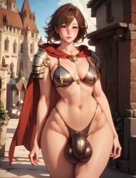 1futa ai_generated armor blush brown_hair buldge bulge fantasy freckles futa_only futanari large_balls large_testicles leather_thong metal_bra red_cape shoulder_armor shunkadooai solo thick_thighs wide_hips