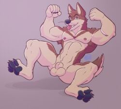 1boy absurd_res animal_genitalia anthro armpit_hair armpit_tuft balls body_hair brown_body brown_fur canid canine canis flexing flexing_bicep flexing_both_biceps fully_sheathed fur genitals hi_res hindpaw male male_only mammal multicolored_body multicolored_fur muscular muscular_male nipples pawpads paws sheath solo tongue tongue_out weirdmarks wolf yokai_the_wolf