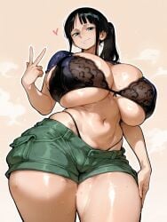 ai_generated bare_thighs black_hair blue_eyes bra clothing female female_only gigantic_breasts huge_bra huge_breasts huge_thighs light-skinned_female light_skin looking_down low-angle_view massive_breasts mature_female milf nico_robin oatmealdood oiled_body oiled_skin one_piece peace_sign ponytail short_shorts shounen_jump smiling solo_female squatting sweat sweatdrop thick_body thick_female thick_thighs thighs voluptuous voluptuous_female