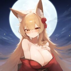 ai_generated animal_ears big_breasts blonde_hair female fox_ears fox_girl full_moon hair_ornament kimono kimono_down long_hair looking_at_viewer moon novelai red_kimono