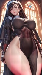 ai_generated belly_button big_breasts breasts final_fantasy final_fantasy_vii_remake from_below gloves hourglass_figure large_breasts looking_at_viewer navel nsfw nun nun's_habit nun_habit nun_outfit sky4maleja standing thick_thighs tifa_lockhart waist