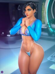 3d abs belly_button big_ass black_hair brown_eyes brown_skin female_focus female_only hips indoors looking_at_viewer makeup muscular muscular_female noahgraphicz overwatch overwatch_2 painted_nails panties pharah revealing_clothes see-through see-through_clothing see-through_top short_hair solo solo_female standing toned toned_body toned_female toned_stomach wide_hips